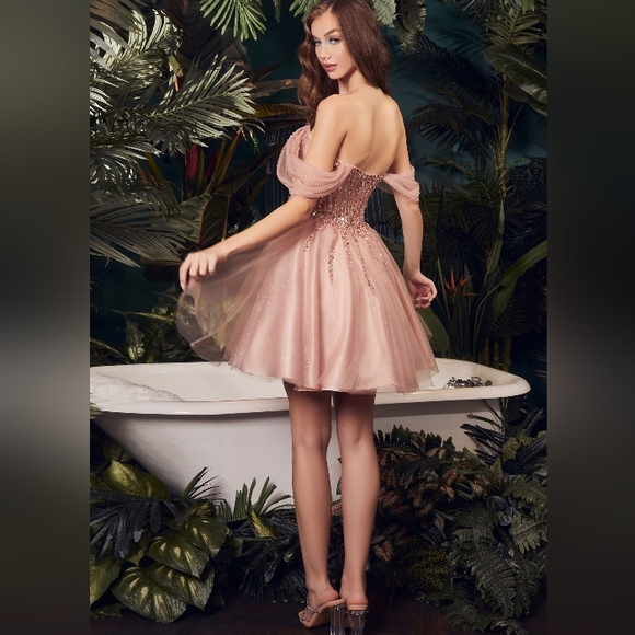 Off shoulder short glitter tulle beaded corset style dres - Picture 4 of 11